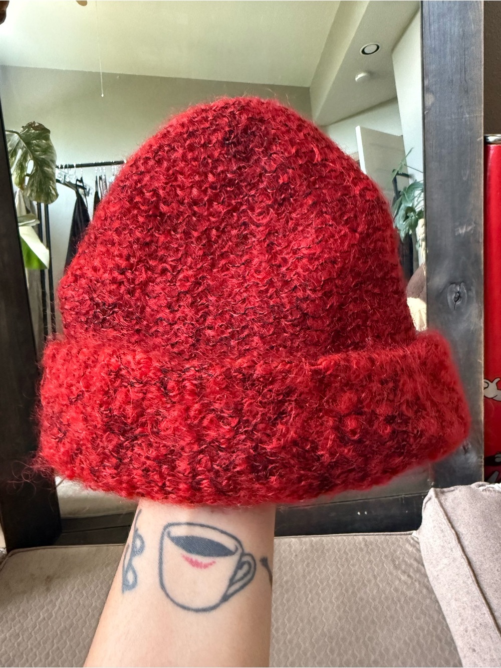 Vintage Red Fuzzy Knit Beanie